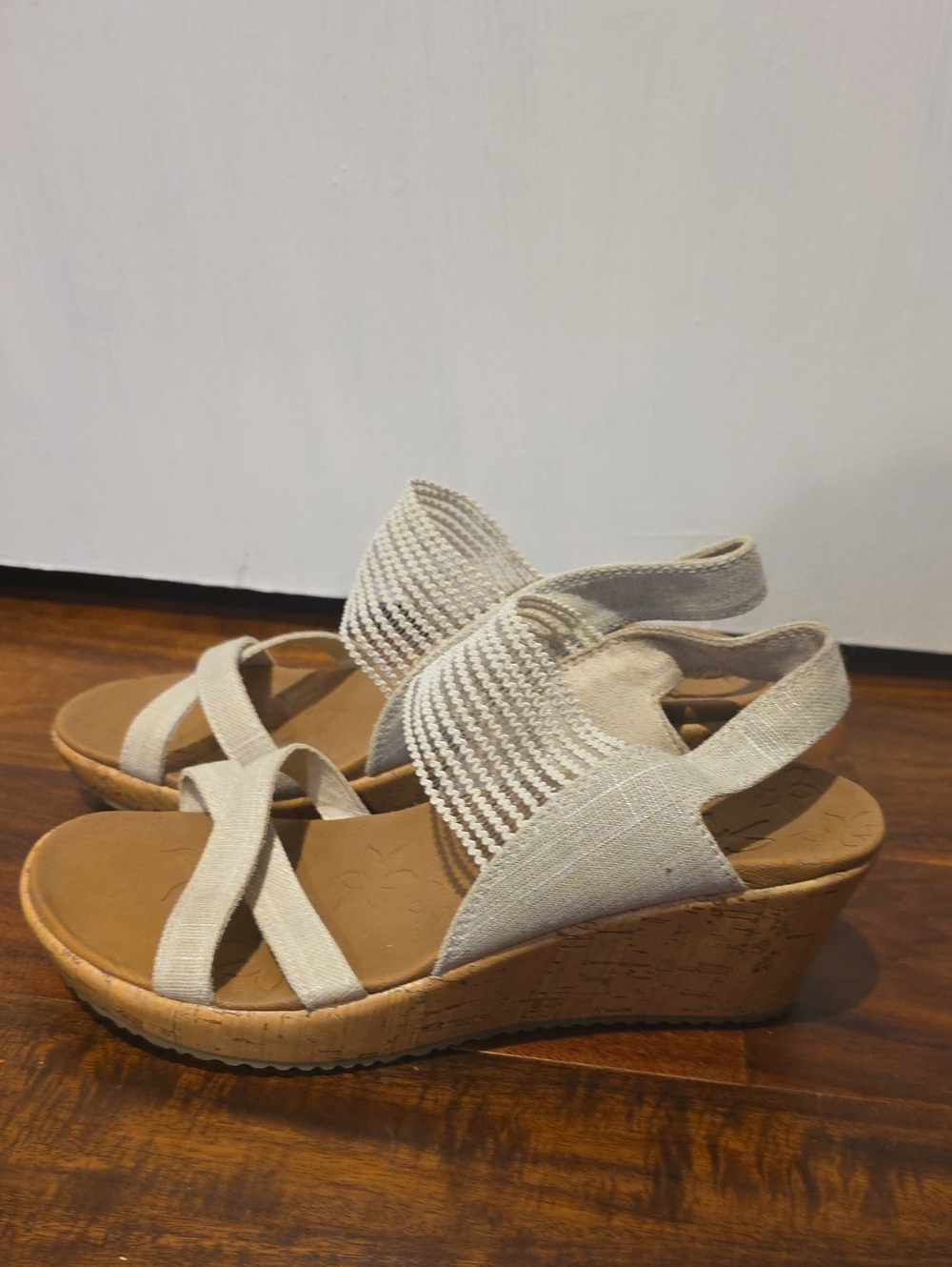 Beige Skechers Wedge Sandals with Elastic Straps - Women